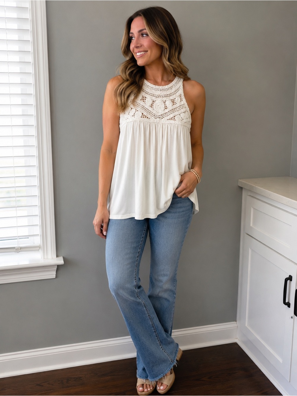 POL Crochet Yoke Halter Tank Top - Cream